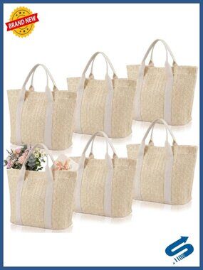 6-Pack Handwoven Burlap Tote Bag Set with Reinforced Handles